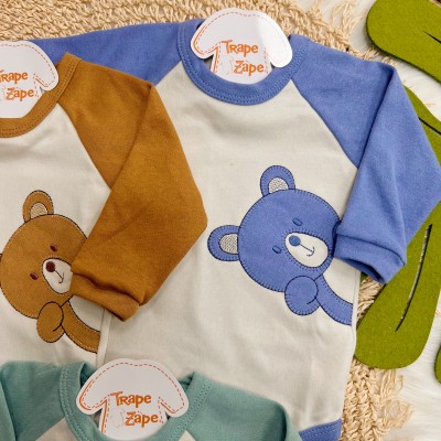 Kit 3 Peças - Bodys Manga Curta Bear - Verde, Azul e Caramelo